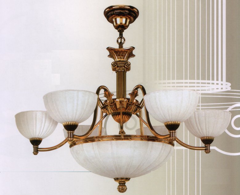 Люстра Bejorama art.19406, производство Испания; Высота:52 ;Диаметр:80 ;Глубина: ; Количество ламп: 6; Максимальная мощность лампы:40 Вт. +4х60Вт.; Цвет: кожа, кожа зеленая патина;  Цена: ;  