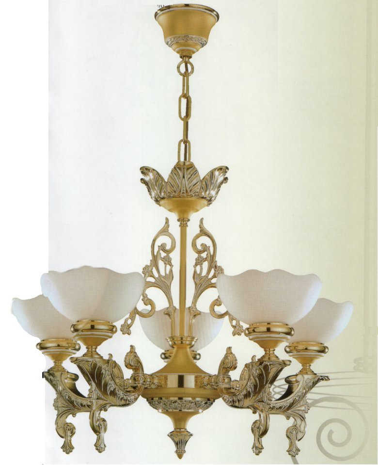 Люстра Bejorama art.21095, производство Испания; Высота:50 ;Диаметр:70 ;Глубина: ; Количество ламп: 5; Максимальная мощность лампы:60 Вт. ; Цвет: кожа, матовое золото;  Цена: ; 